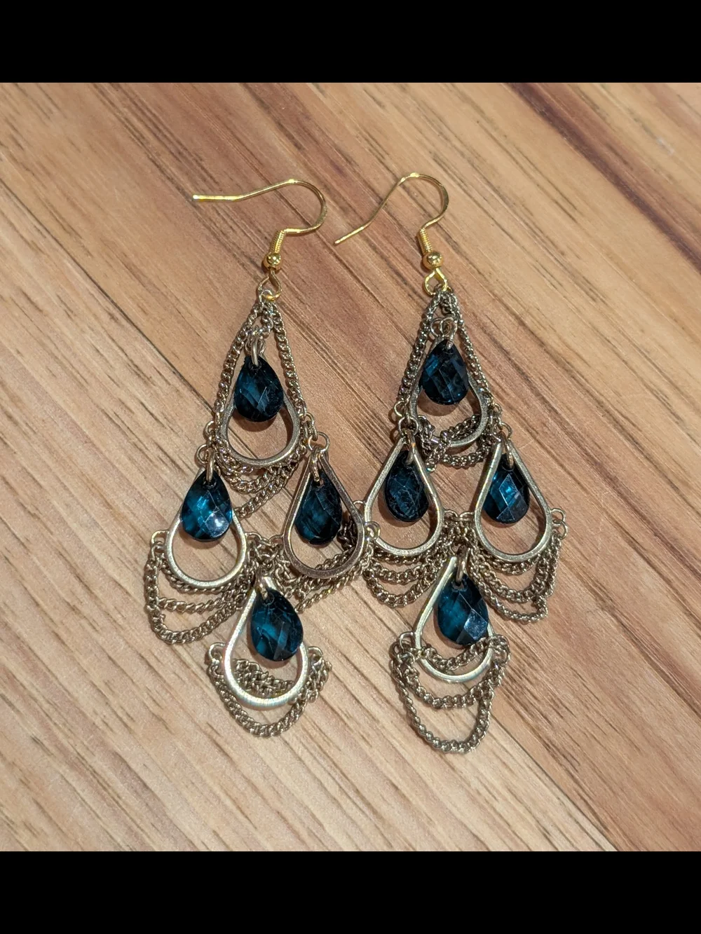 Source Unknown Gold-Tone Chandelier Earrings with Teal Blue Stones